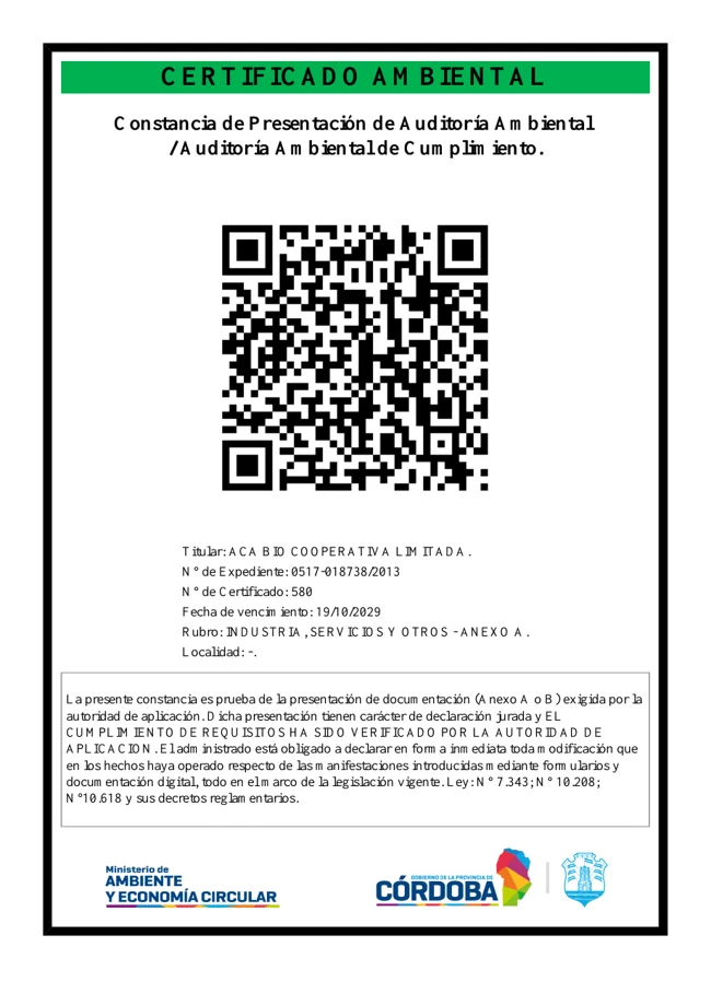 Vista del Certificado Ambiental de ACA BIO