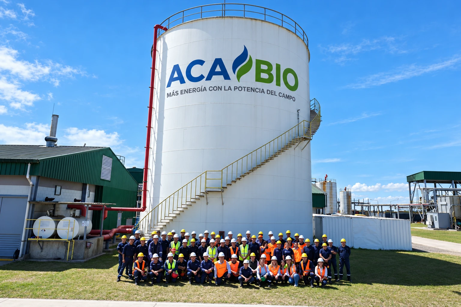 Equipo de ACA BIO con sus cascos frente al tanque de la planta