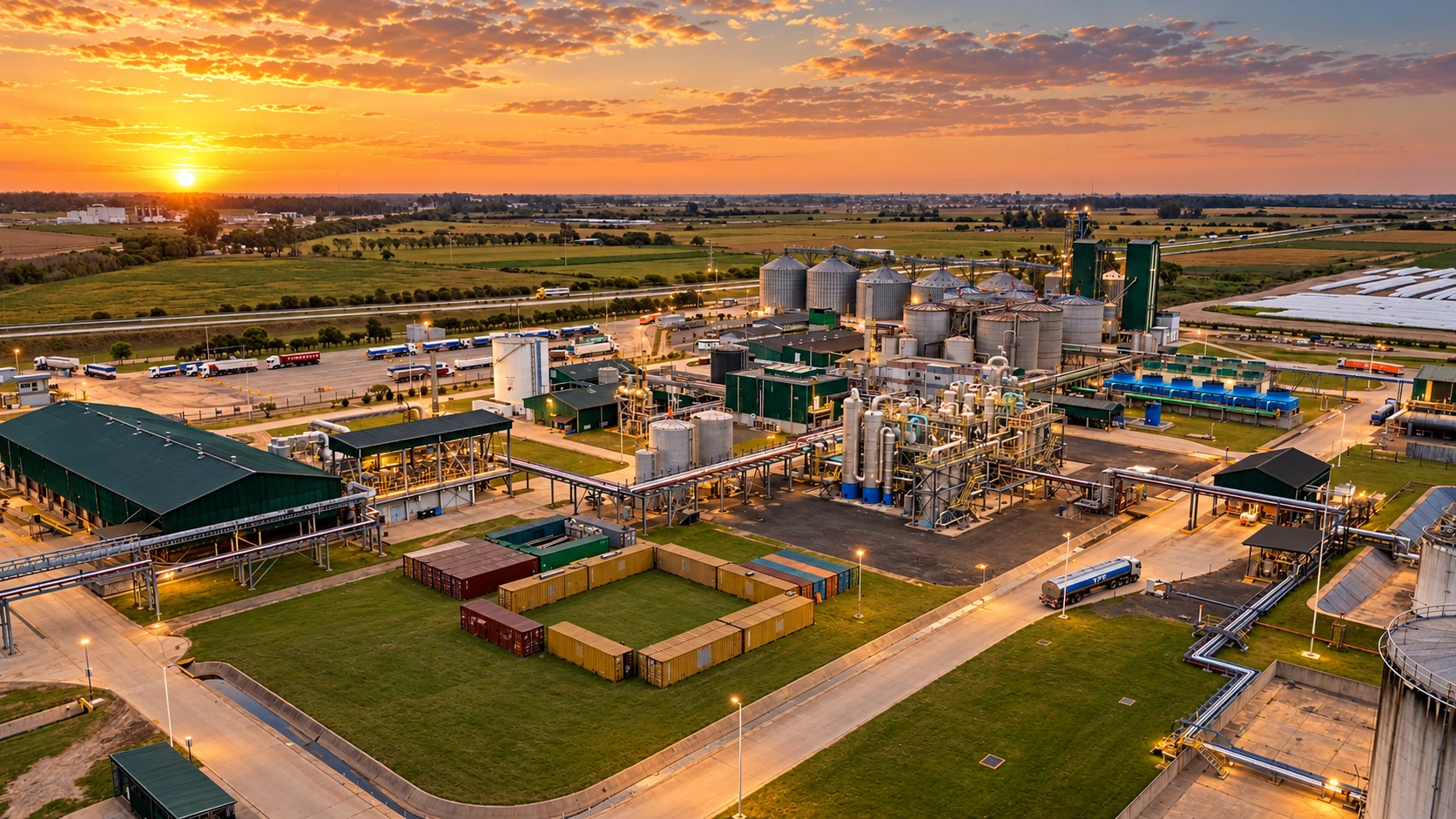 Panorámica de la biorrefinería ACA BIO al atardecer