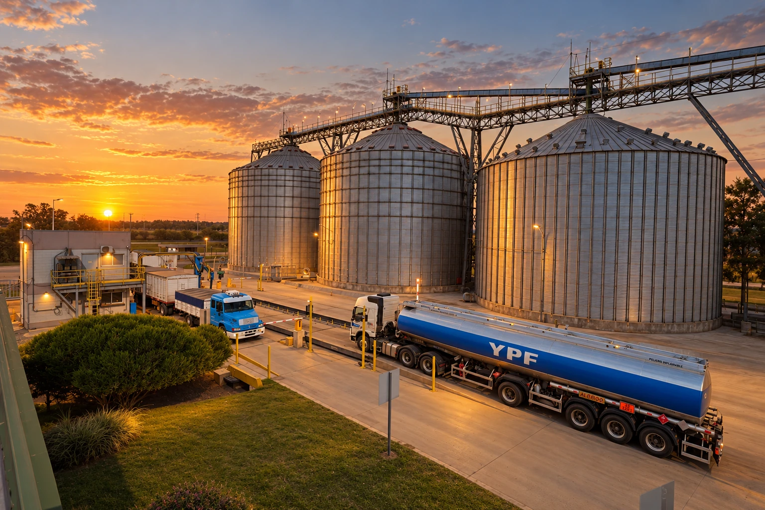 Silos y accesos de ACA BIO al atardecer